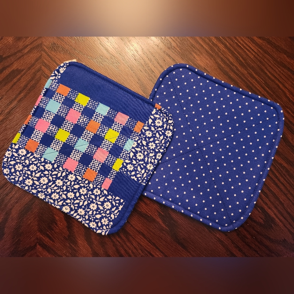 Handmade reversible Patchwork Blue multi-color potholders,  SET of 2